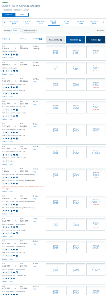 American Airlines full list of daily flights from Austin to Cancun.