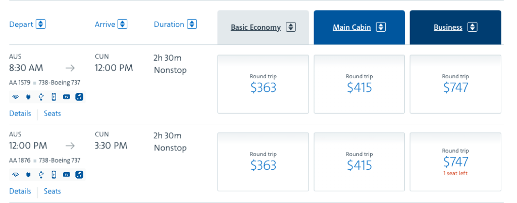 American Airlines non stop flights  priced in dollars.