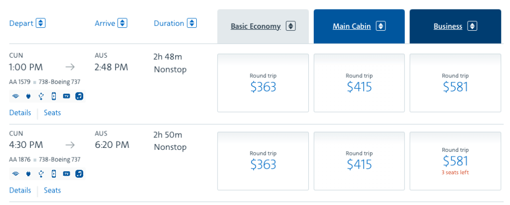 Cancun to Austin on American Airlines in cash