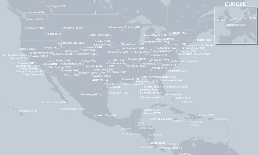 Map of non-stop flights to and from Austin