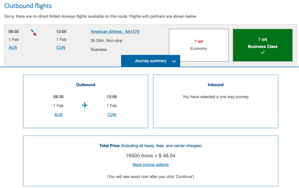 British Airways Business Class ticket priced in Avios booked as a partner reward on American Airlines