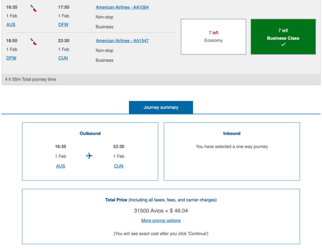 British Airways Avios Business Class Ticket with a Connection 