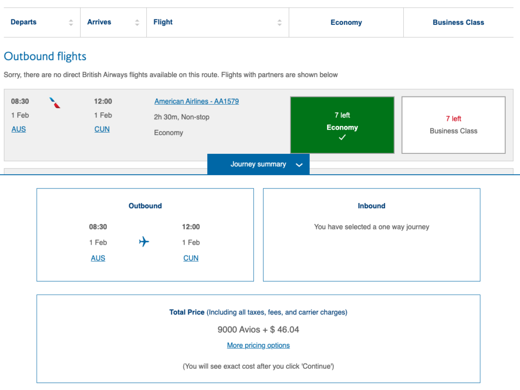 British Airways Avios economy ticket on an American Airlines partner booking