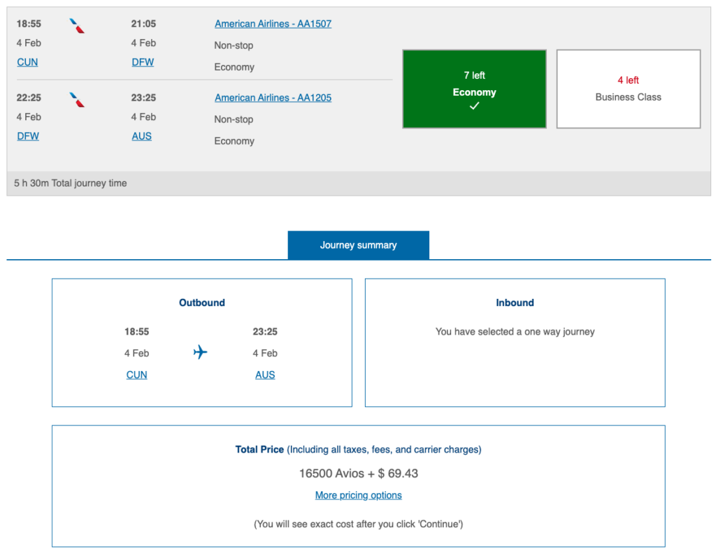 British Airways economy avios ticket Cancun to Austin