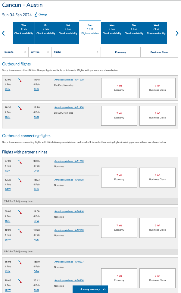 British Airways Avios flight options fro Cancun to Austin 