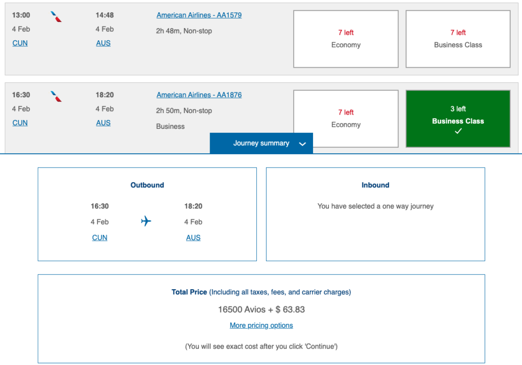 British Airways cost in Avios of a one-way business class fare booked on an American Airlines plane