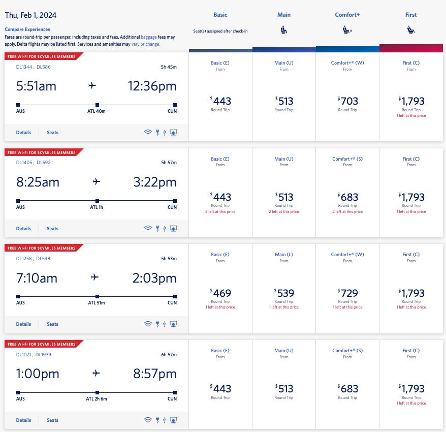 Delta cash cost Austin Cancun flights