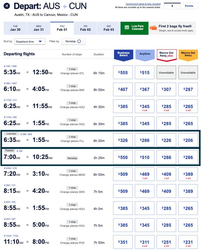 Southwest airlines Austin to Cancun cash prices for flights