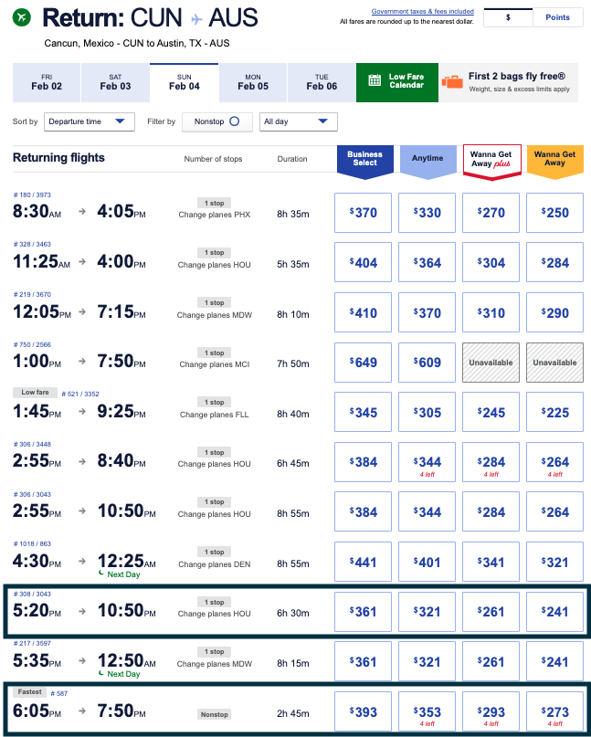 Cancun to Austin Flights on Southwest Airlines priced in dollars