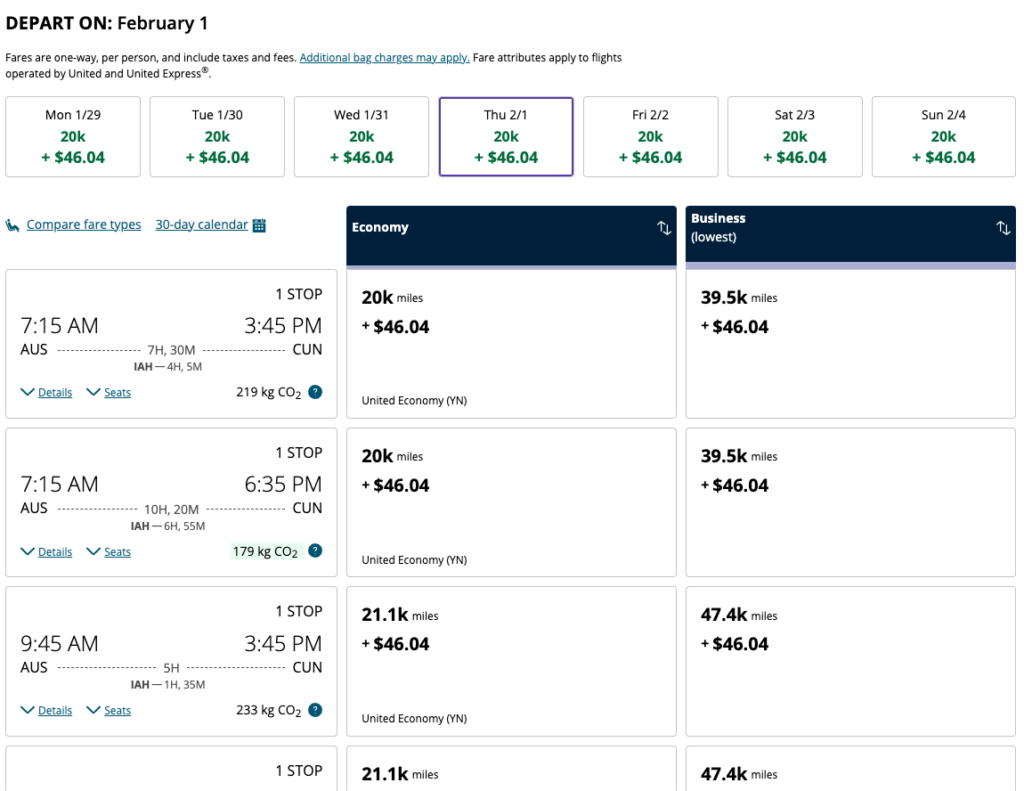 United Airlines Austin to Cancun flights prices in United Miles